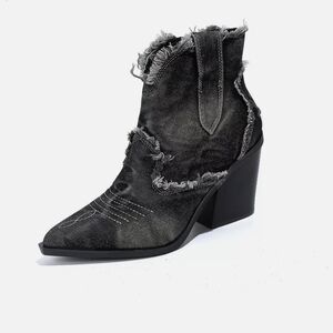 Western Cowboy Womens Pointed Toe High Chunky Block Heel Ankle Boots Denim Shoes